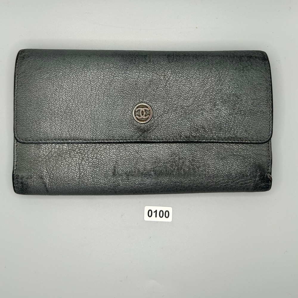 Chanel metallic grey Leather Wallet CC Logo COA card Included#100